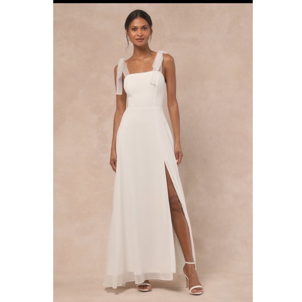 Lulus Elegantly Inclined White Chiffon Tie-Strap Maxi Dress Square Neck Slit M